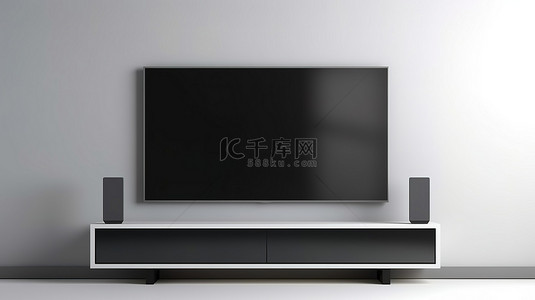 电视机3d背景图片_墙上挂着空白屏幕的平板智能电视模型的真实 3D 渲染