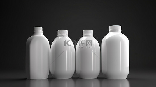 3d 渲染图像中的一排空白白色塑料液体瓶