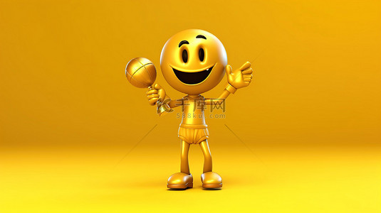 拿着篮球站在黄色背景上赢得金奖杯的吉祥物人的 3D 渲染