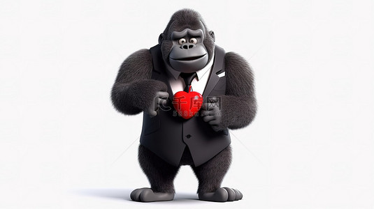 一个幽默的 3D 大猩猩盛装打扮，紧握着一颗心