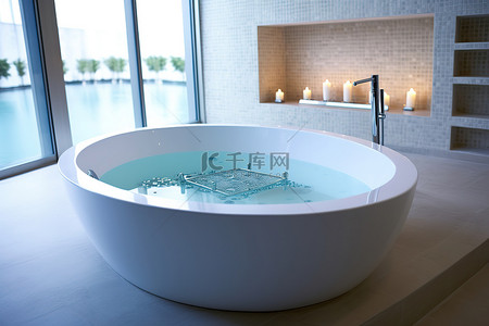 龙头水柱背景图片_白色浴缸中的大圆形白色浴缸