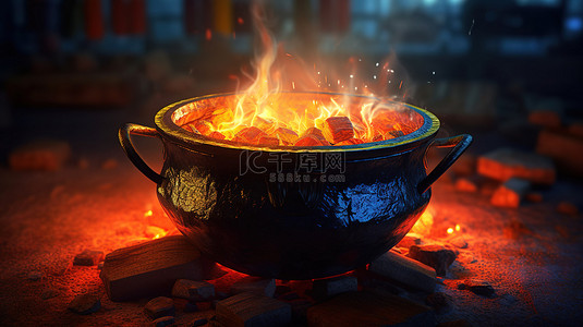 卡通炒菜锅背景图片_燃烧的加密烹饪锅 3D 渲染插图