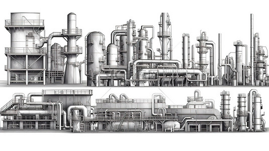 工业综合体工厂锅炉和桶的单色图像集设计元素 3D 插图隔离