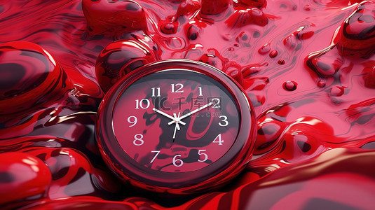 红色时钟的 3D 插图中的抽象液体形状
