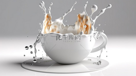 杯子在白色桌面上洒牛奶的 3D 渲染