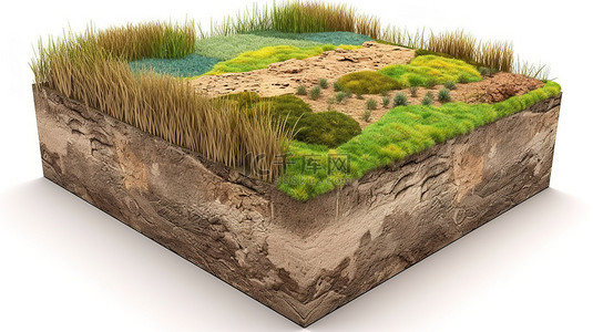 令人惊叹的 3D 立方景观，具有郁郁葱葱的草原和白色背景上隔离的地质土壤横截面