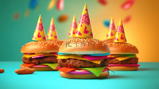 3d 渲染的汉堡包戴着节日派对帽子