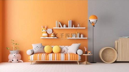 现代斯堪的纳维亚室内 3D 渲染中的橙色主题儿童房模型