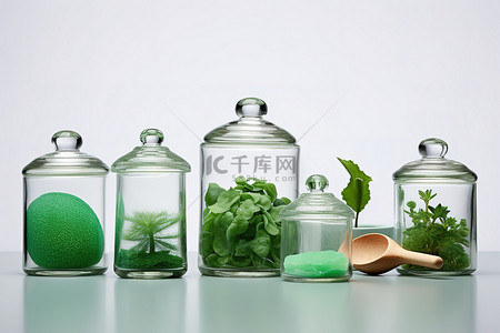 几个绿色背景图片_几个玻璃罐子里装有小罐子的绿色药草和肥皂