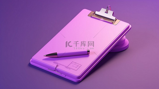 紫色背景上带有记事本的剪贴板和铅笔图标的 3D 渲染