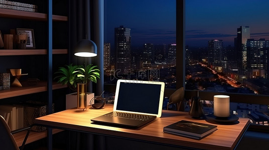 电脑办公桌面背景图片_时尚而现代的工作站，在昏暗的现代办公空间 3D 渲染中采用数字平板电脑模型