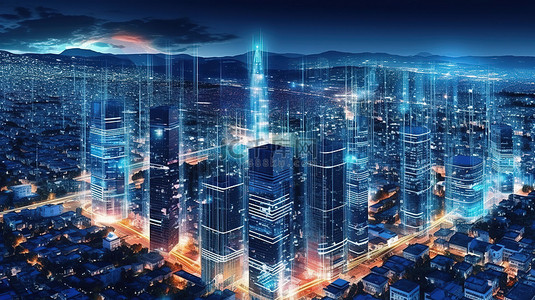 结合大数据人工智能和物联网的未来城市景观的 3D 渲染
