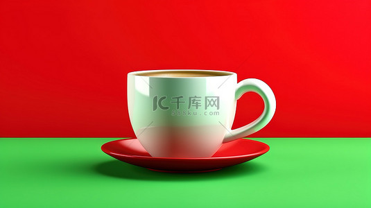 海报背景咖啡店背景图片_绿色和红色背景上的白咖啡杯的 3D 插图