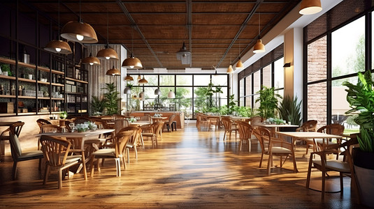 咖啡馆和休闲餐厅的 3D 渲染