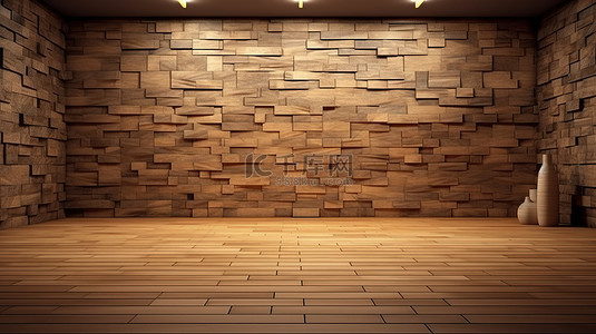 现代房间的 3D 渲染，配有木地板和石砖墙