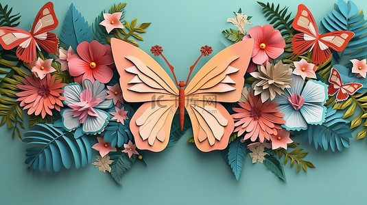 花纸风格纸工艺花蝴蝶的 3D 渲染