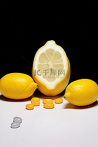 海滨制药背景图片_柠檬和补充剂旁边的一片柠檬
