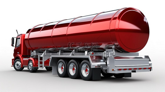 大型红色油罐车上的抛光金属拖车 3D 插图，具有多个视图