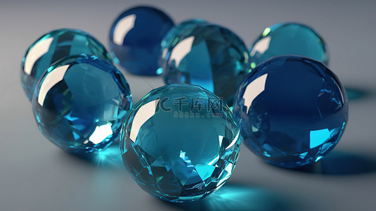 充满活力的蓝色背景上的 3D 晶莹剔透的玻璃宝石闪闪发光，透明的近距离图形