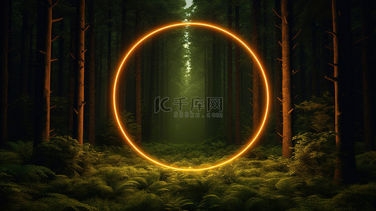 迷人的森林 3d 渲染中的辐射霓虹灯边框
