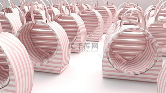 白色背景上 3D 渲染的浅粉色条纹购物袋圈