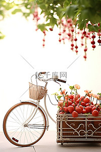 樱桃樱桃背景图片_一辆带有樱桃藤的自行车，旁边还有盒子