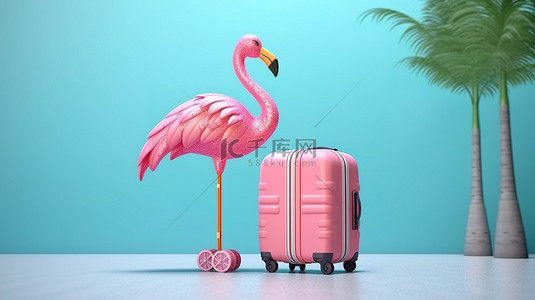 粉色玩具背景图片_滚动手提箱的 3D 插图，配有充气粉色火烈鸟和棕榈叶