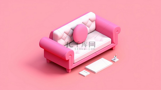 房子平面3d背景图片_平面白色和粉色家居用品，配有沙发的等距 3D 图标