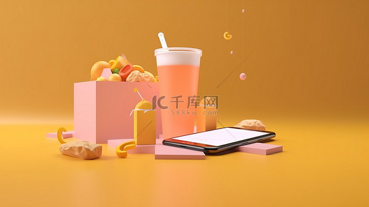 手机的卡通风格 3D 渲染，具有订单按钮和代表在线食品配送的背景食品