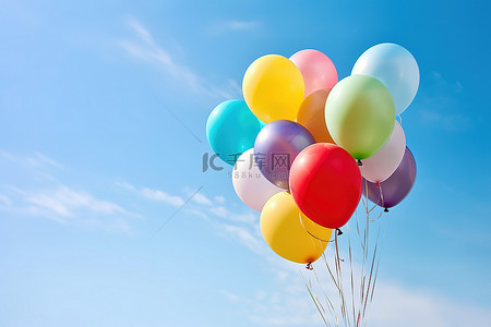 多巴胺色彩穿搭背景图片_天蓝色的天空上的气球，色彩鲜艳的彩虹