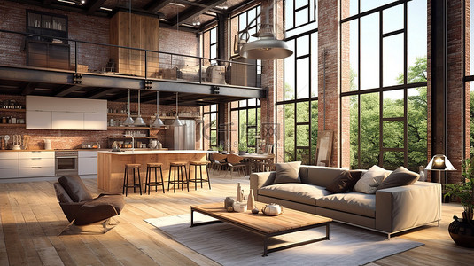 家居窗户背景图片_工业风格开放式客厅，带阁楼厨房 3D 渲染