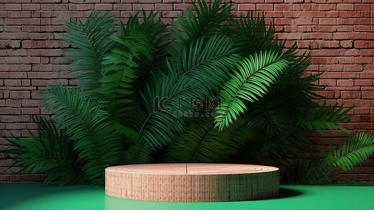 砖砌的背景图片_郁郁葱葱的绿色棕榈叶背景下砖砌讲台的 3D 渲染