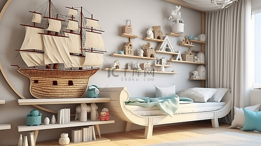 一个俏皮的儿童房，配有白色床和架子上的老式船玩具 3D 渲染