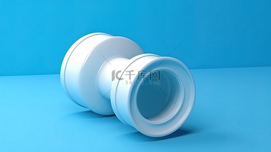 引流广告背景图片_蓝色背景上带有白色塑料下水道管道的 PVC 管道和配件的 3D 插图