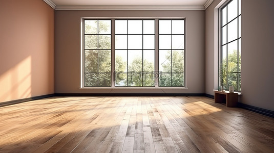 宽敞的客厅铺有质朴的木地板，自然光线来自窗户和柔和的油漆墙壁 3D 可视化