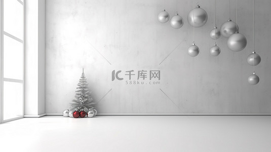 节日背景墙背景图片_装饰有圣诞装饰品的空白墙的节日 3D 渲染