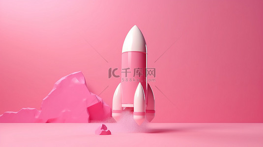 3D 火箭在粉红色背景下升空，象征着 3D 渲染插图中蓬勃发展的初创企业
