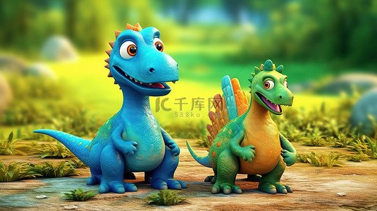 俏皮的 3d 恐龙插画