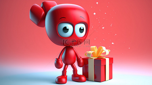 人物时尚背景图片_欢快的 3D 卡通人物拿着红色礼品袋