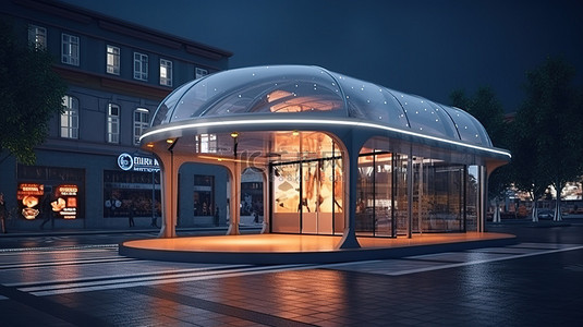 具有 3D 渲染广告空间的现代购物街亭