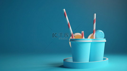 吸管吸背景图片_蓝色主题 3d 饮料图标，配有吸管