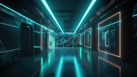 未来派霓虹灯以 3D 渲染方式照亮混凝土房间，非常适合科幻和未来主题