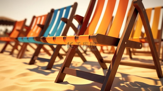 沙滩海岸线上阳光明媚的沙滩椅近距离和 3D 渲染中的个人白色背景
