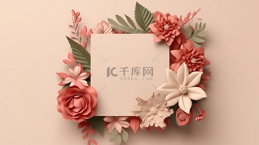 3D 渲染的问候和邀请卡，带有方形花框，装饰有植物和花卉