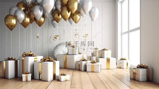 金色生日背景背景图片_庆祝室 3d 渲染中闪闪发光的金色白色气球狂欢