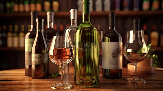 酒标背景图片_时尚的 3D 酒瓶和玻璃杯非常适合广告