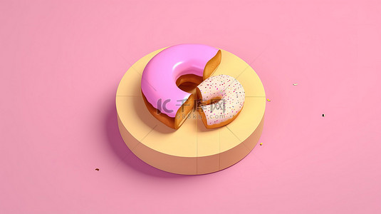 粉红色背景上的 3D 渲染等距甜甜圈图插图