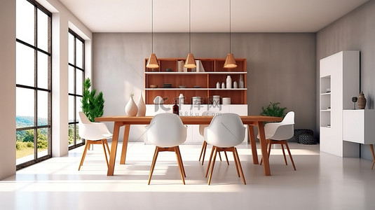 房间内背景图片_房间内用餐的 3D 渲染，配有桌子和椅子