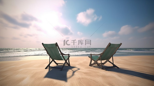 海滨度假胜地 3d 渲染的两把躺椅