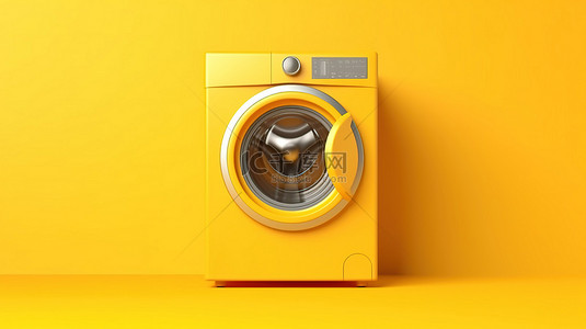 洗衣机在充满活力的黄色背景上的 3D 渲染非常适合社交媒体横幅和促销
